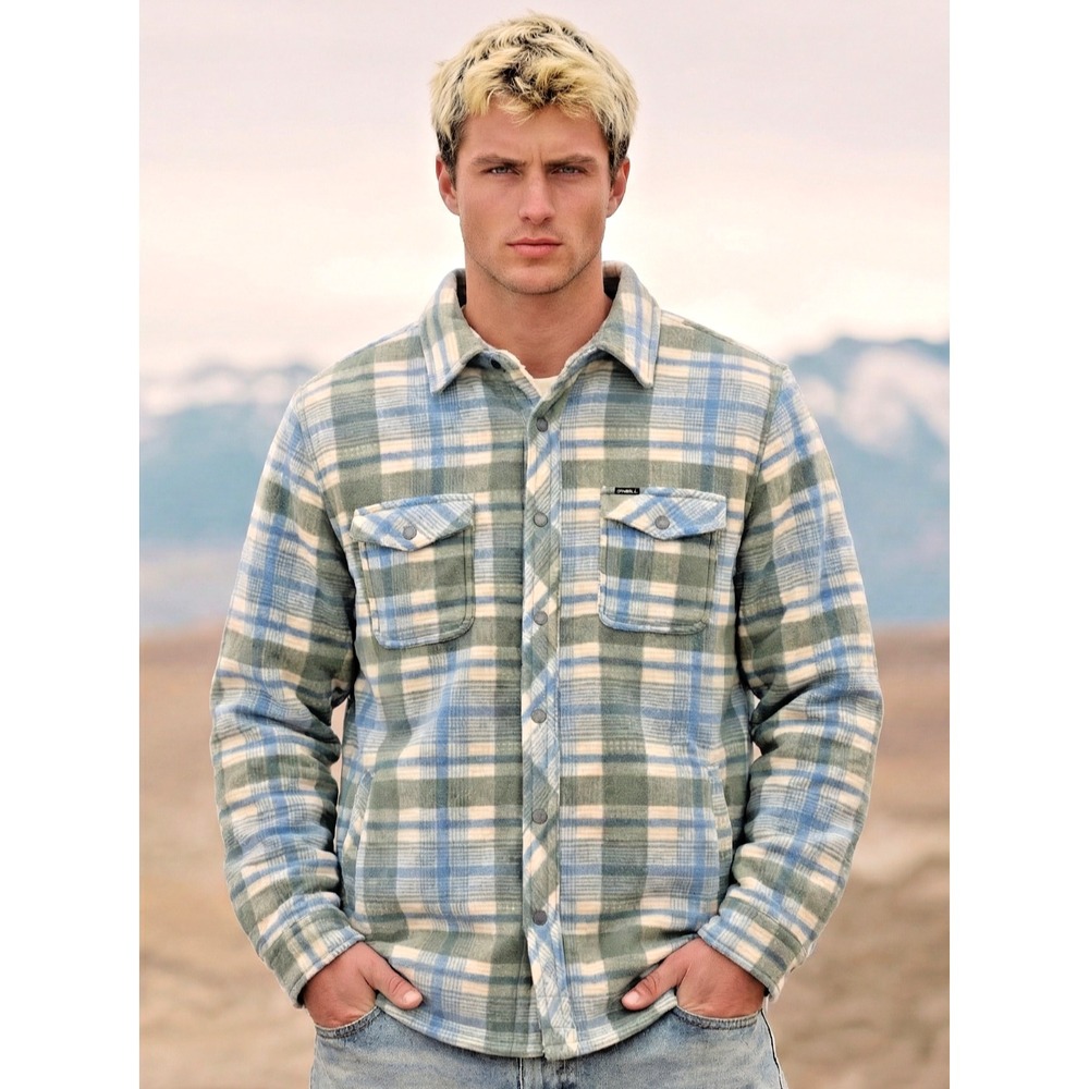 O'Neill Men's Sherpa Plaid Snap Fleece Jacket Green Blue White Size Medium NWT